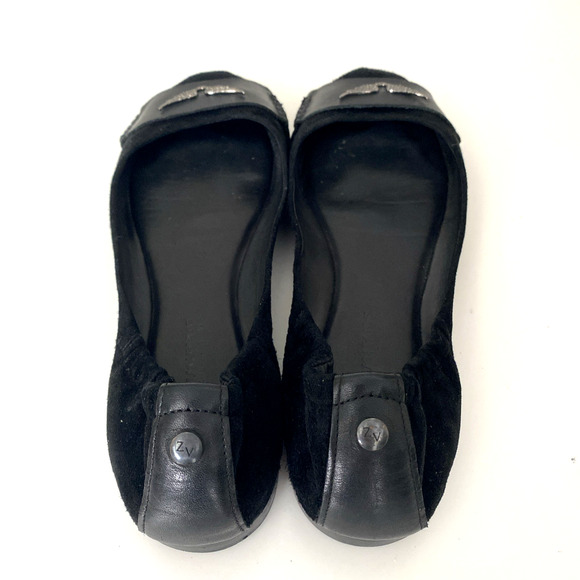 Zadig & Voltaire Ballet Flat Black Suede Round Toe Rhinestone Wings Leather 36 6 - Picture 9 of 12